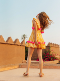 PIPPA SHORT DRESS GINGHAM YELLOW / PINK POMPONS